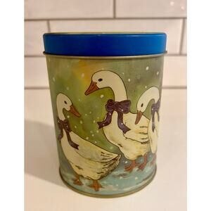 Vintage Snow Winter Goose Geese with Blue Ribbons Tin